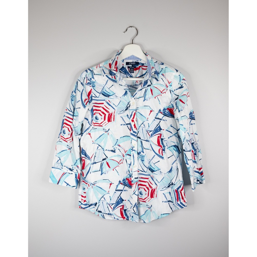 Chaps Button Down Shirt Womens M White‎ Red Blue Nautical Umbrella Print no iron